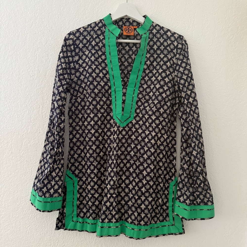 Tory Burch Navy and Green Geometric Tunic 100% Cotton